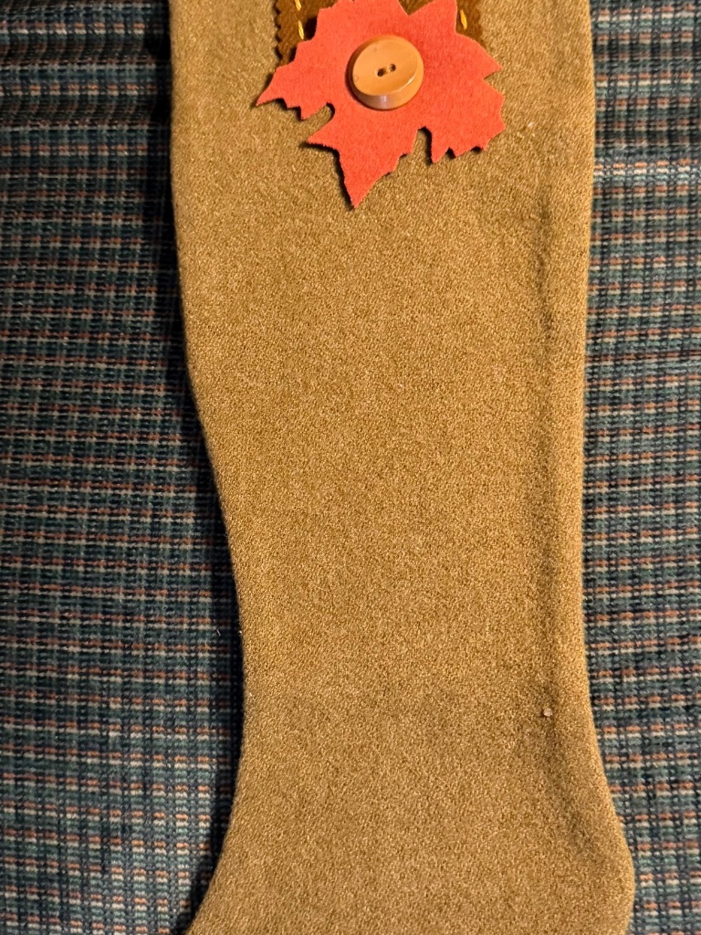 Handmade Wool Stocking Primitive Autumn Halloween Fall Decor W/Leaf 21” Length